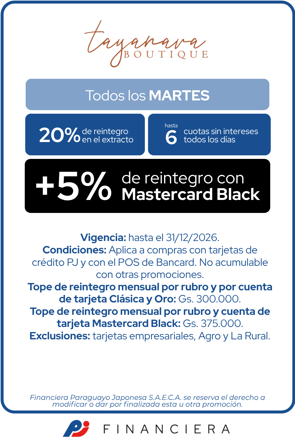 Tayanara Boutique 20% de reintegro 6 cuotas sin intereses