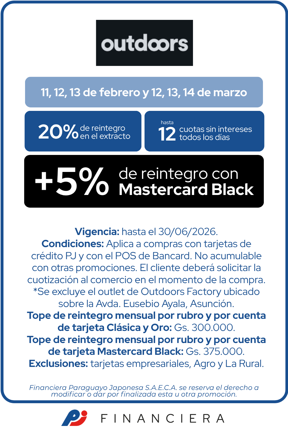 outdoors 20 de reintegro 12 cuotas sin intereses