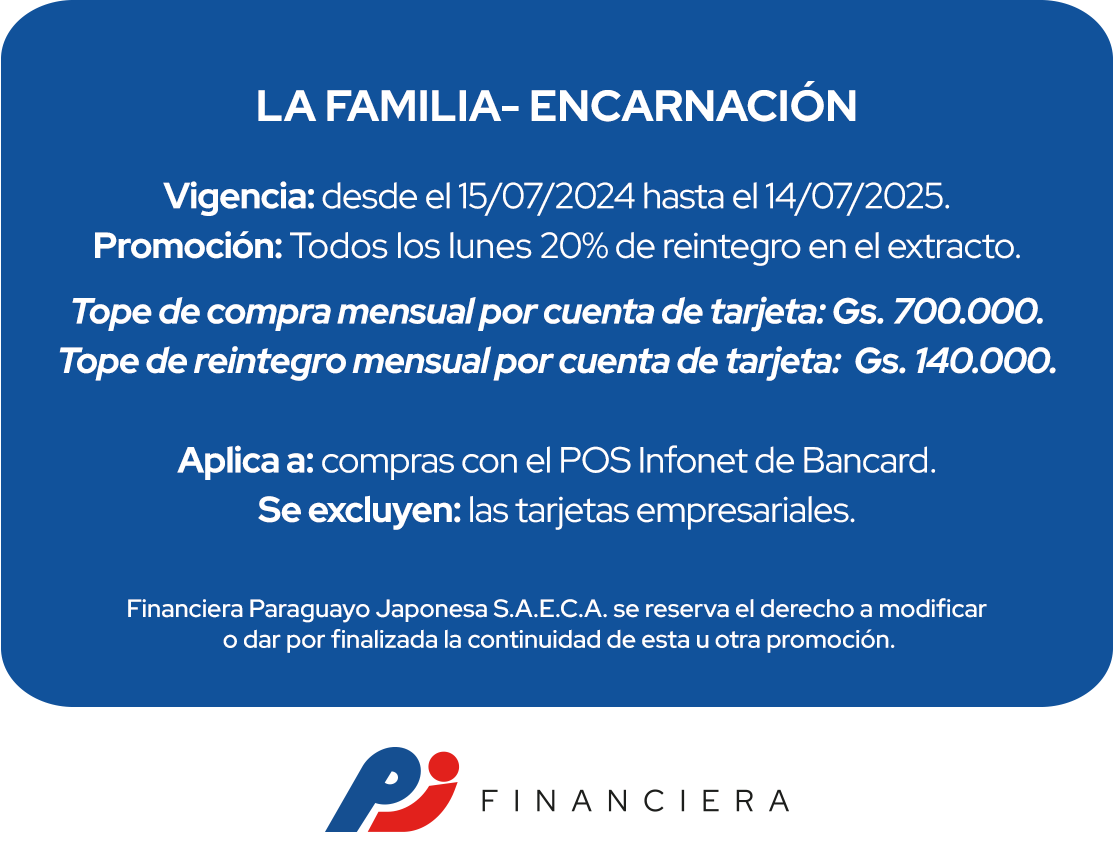 La Familia 20% Reintegro Supermercado Lunes, Encarnacion