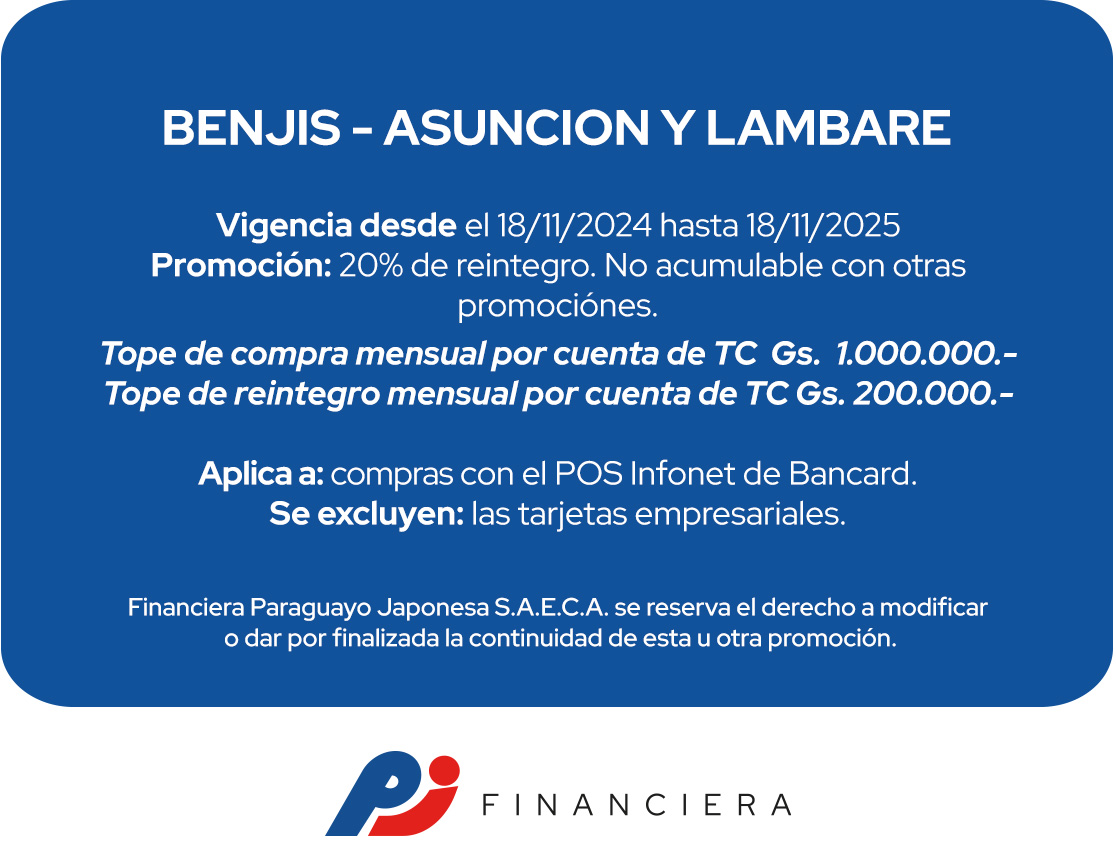 Benji´s 20% Reintegro Gastronomía Todos Los Días Asuncion y Lambare