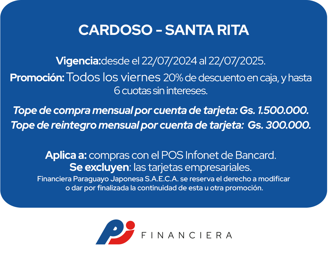 Supermercado Cardoso 20% Reintegro y 6 Cuotas Viernes Santa Rita