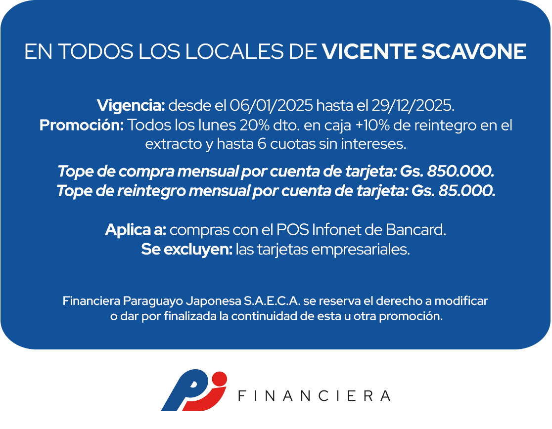 Vicente Scavone 30% Ahorro hasta 6 Cuotas Farmacias Lunes Todo el País Central