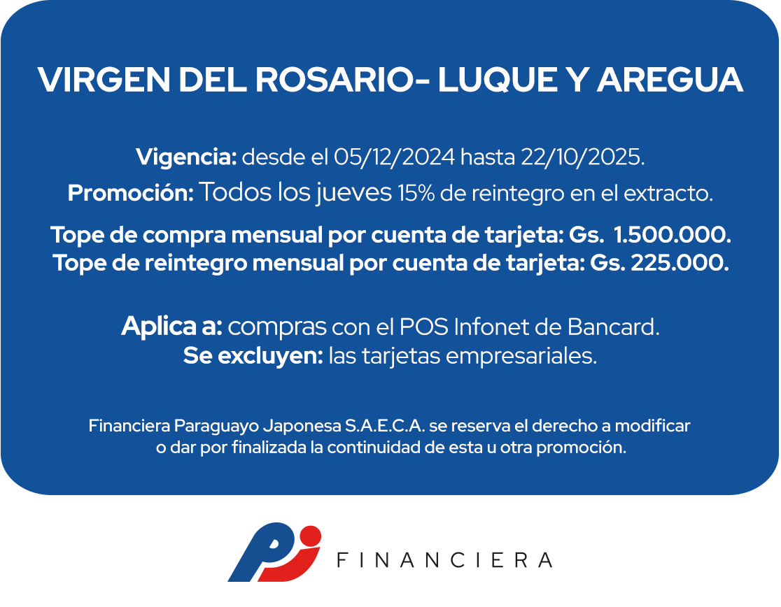 Virgen del Rosario 15% Reintegro Supermercado Jueves, Luque y Aregua