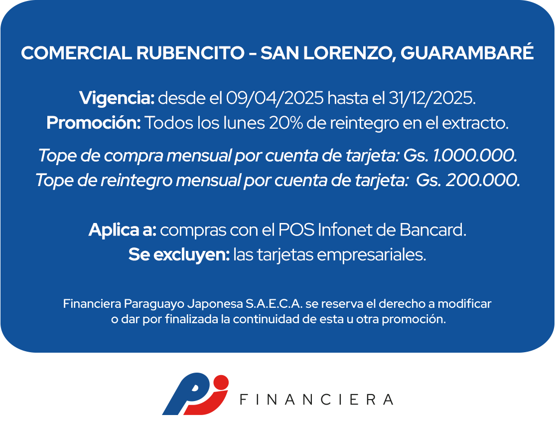 Lunes 20% de reintegro Comercial Rubencito San Lorenzo Central Guarambare