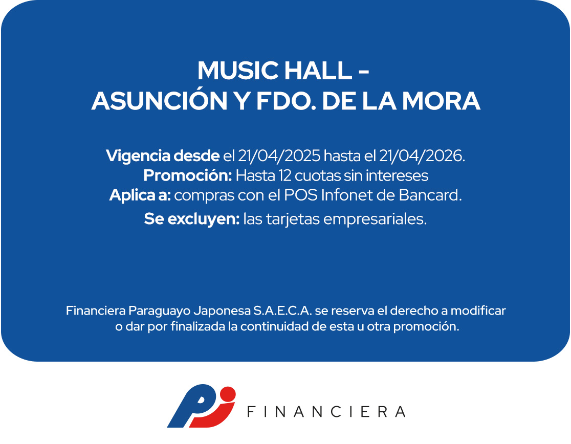 Music Hall Todos los días 12 cuotas sin intereses Asunción Tecnología e Ecommerce Varios