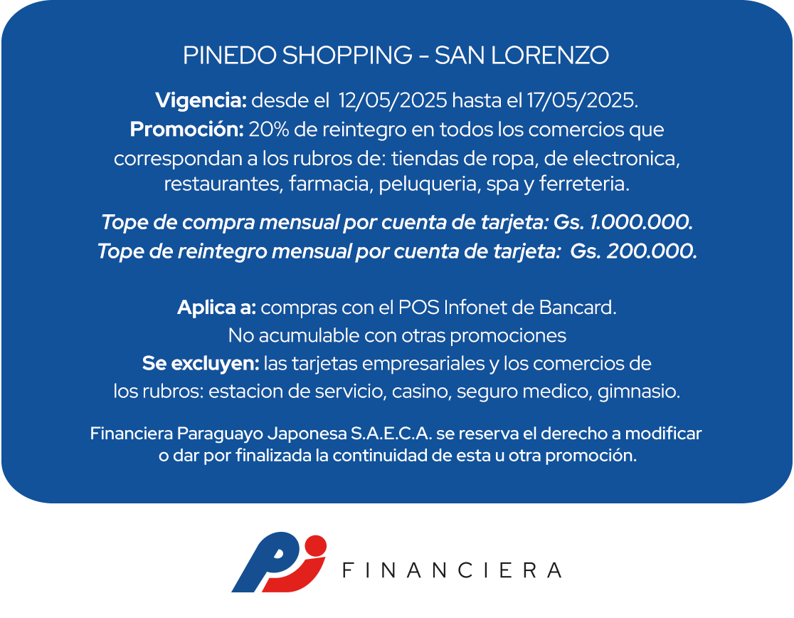 20% Reintegro en todos los comercios Supermercado Pinedo San Lorenzo san lorenzo