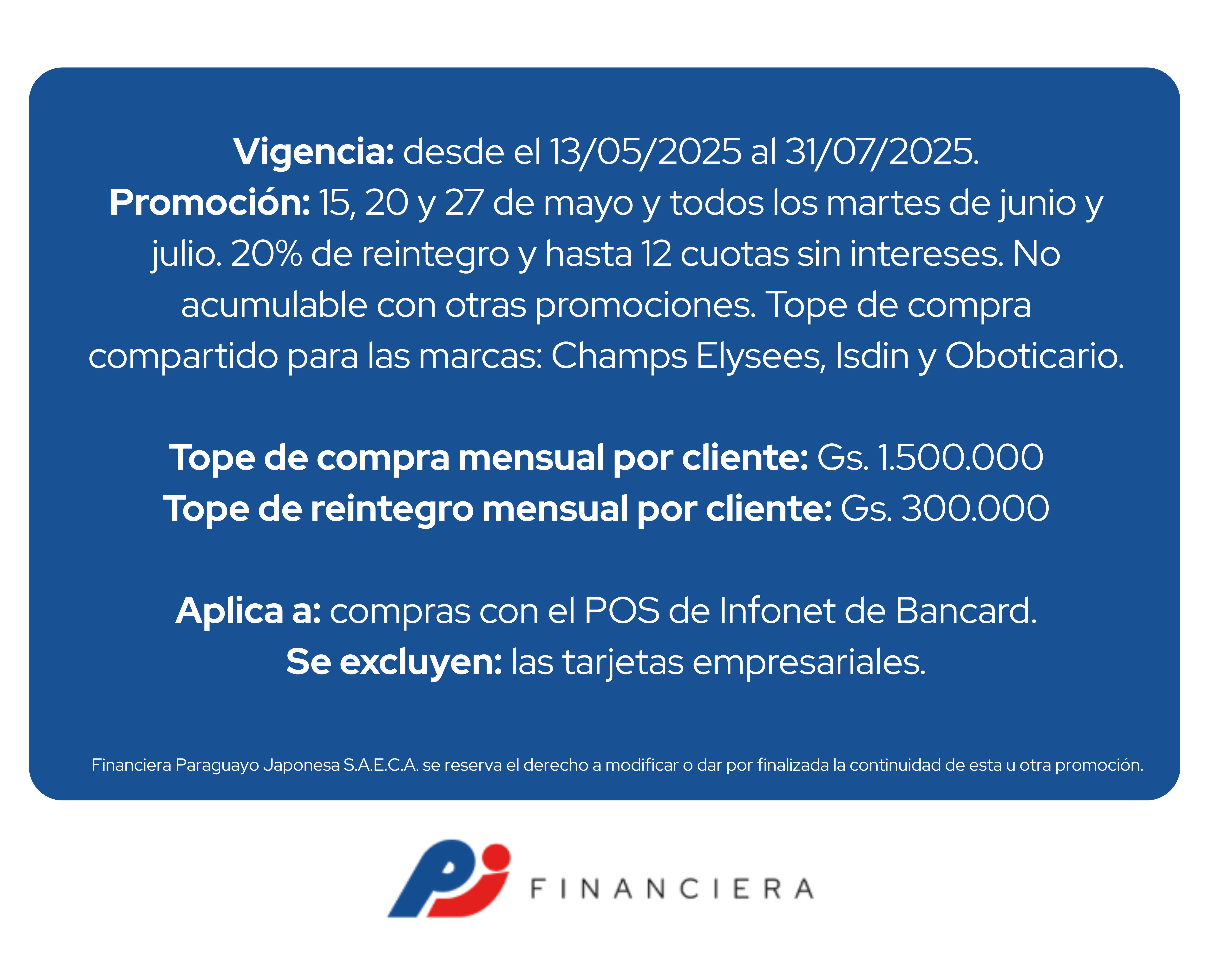 Isdin 20 reintegro 15, 20, 27 mayo Junio a Julio Martes
