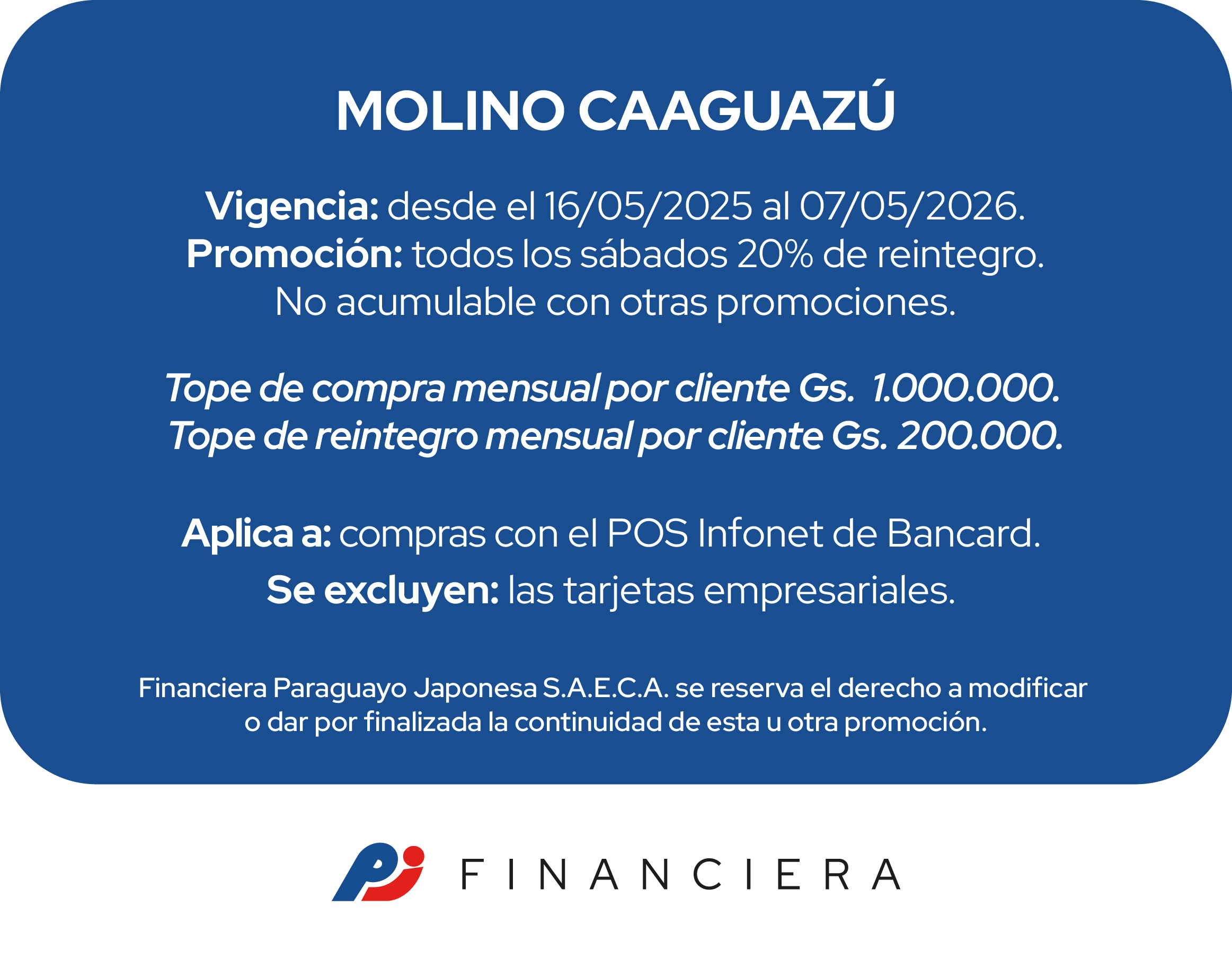 Molino Caaguazu 20% Reintegro Caaguazu