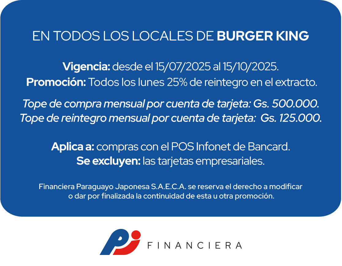Burger King 25% Reintegro Gastronomía Lunes Todo el País Central Asunción