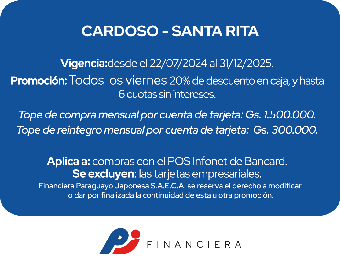 Supermercado Cardoso 20% Reintegro y 6 Cuotas Viernes Santa Rita