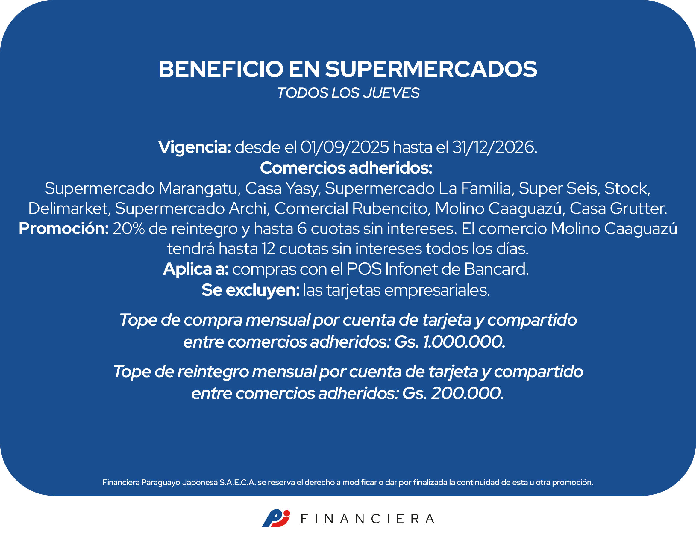 Supermercados jueves 20 reintegro 6 cuotas