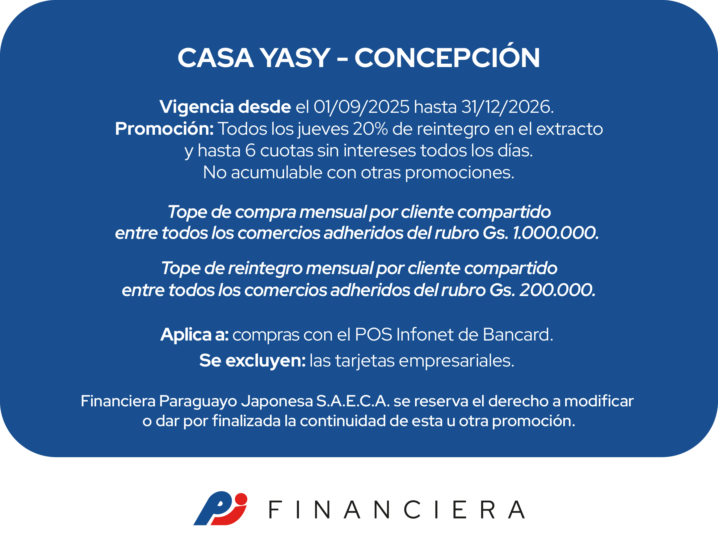 Casa Yasy 20% Reintegro Supermercado jueves 6 cuotas Concepcion