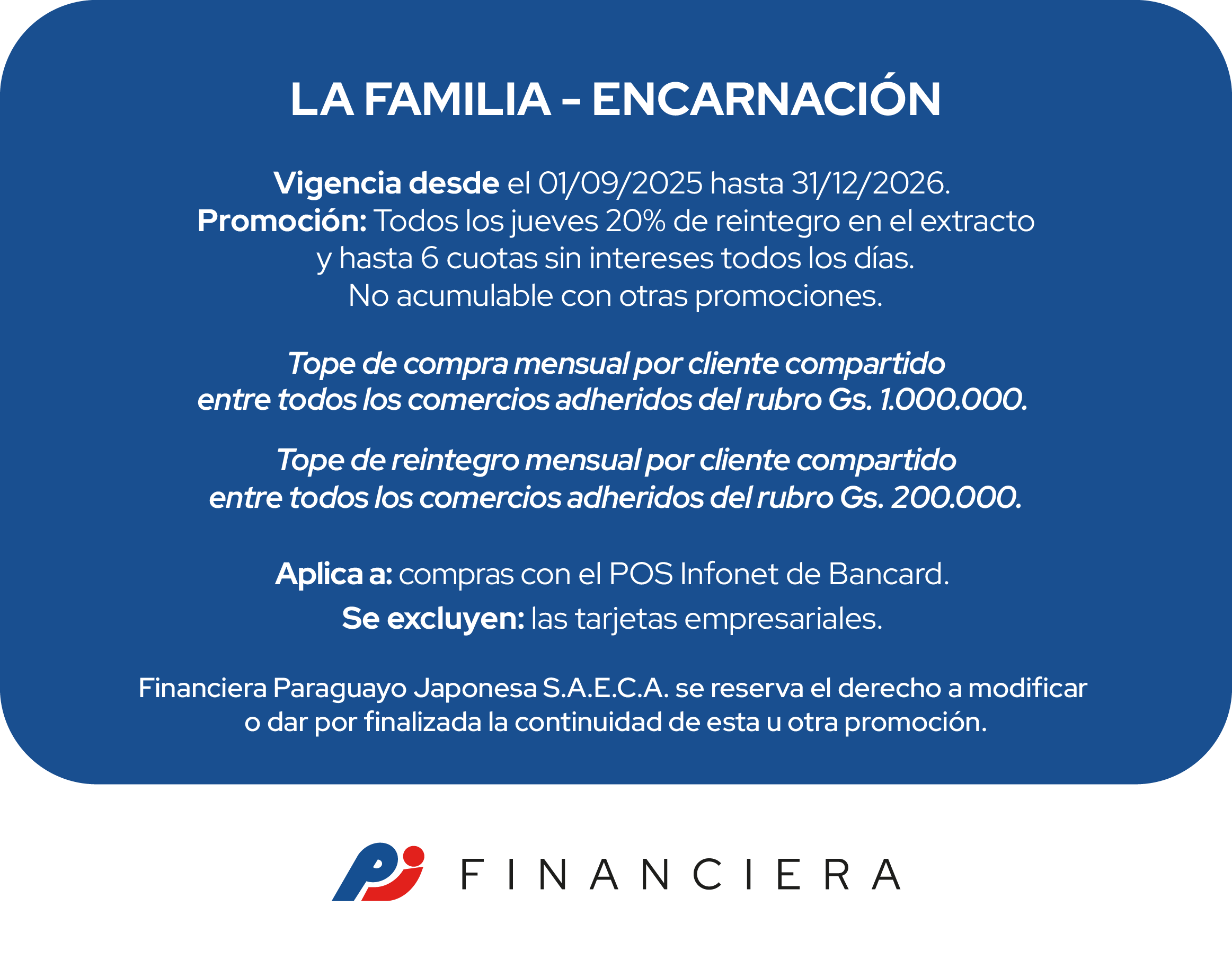La Familia 20% Reintegro Supermercado jueves 6 cuotas  Encarnacion