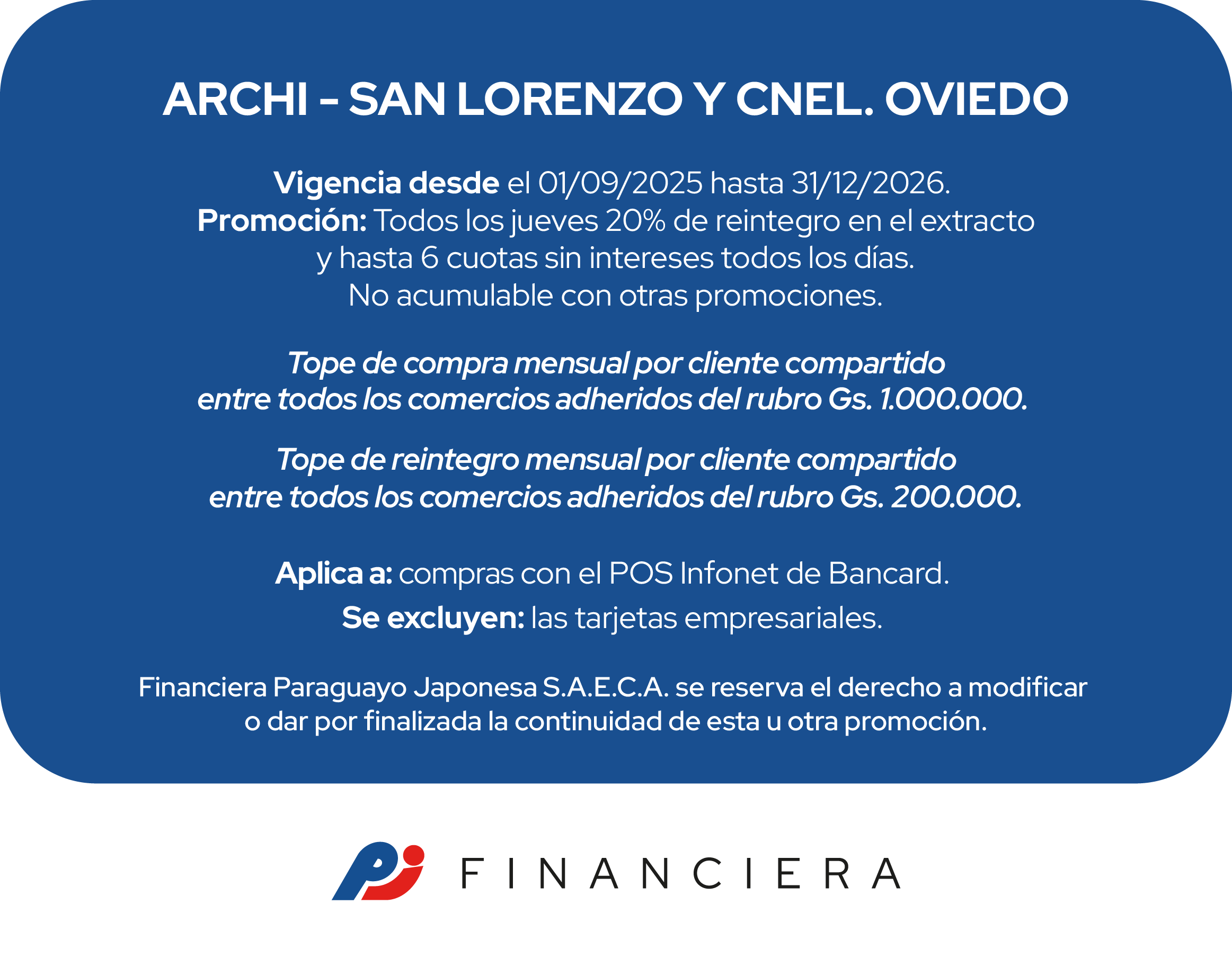 Archi 20% Reintegro Supermercado jueves 6 cuotas San Lorenzo Coronel Oviedo