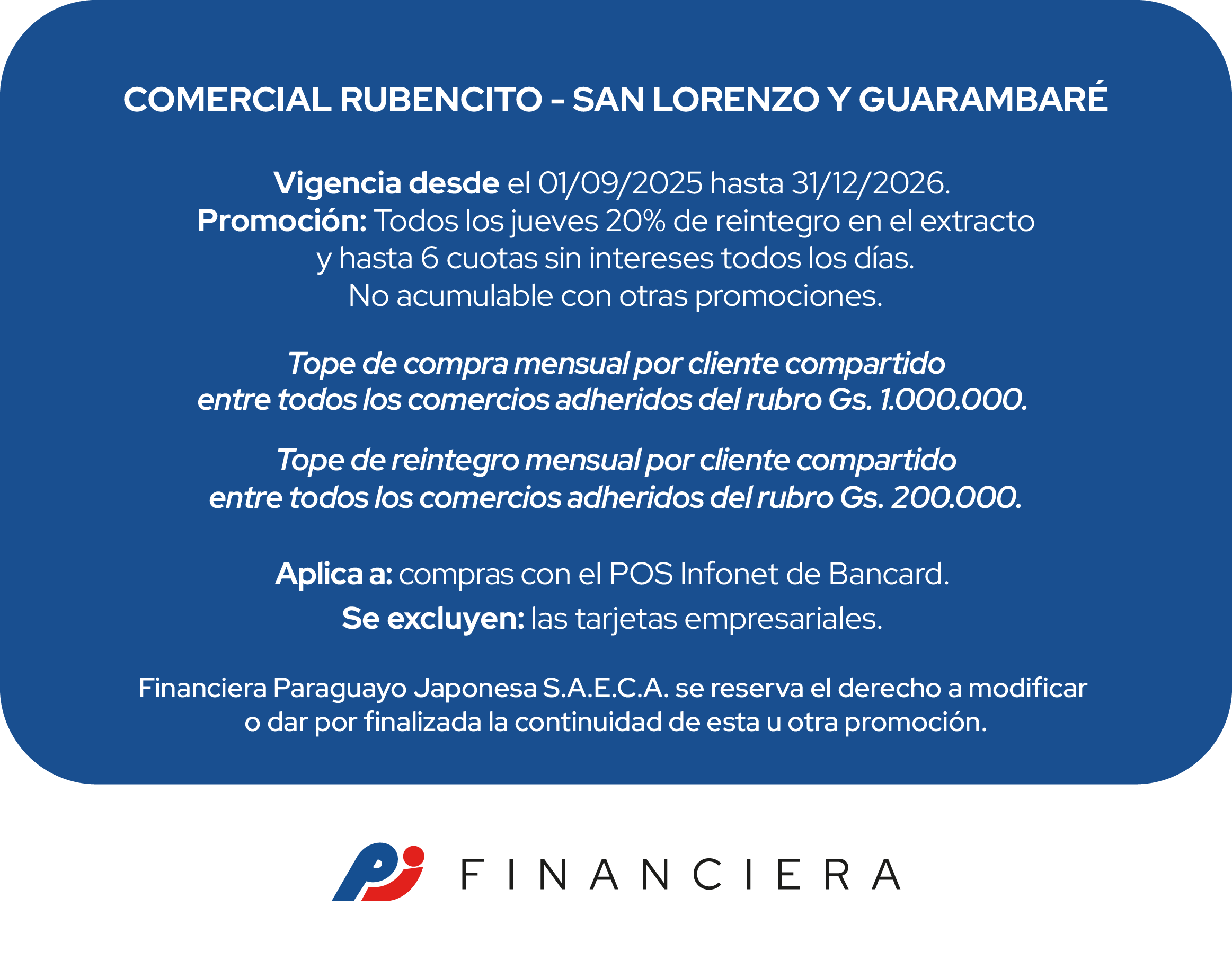 Lunes20% Reintegro Supermercado jueves 6 cuotas  San Lorenzo Central Guarambare
