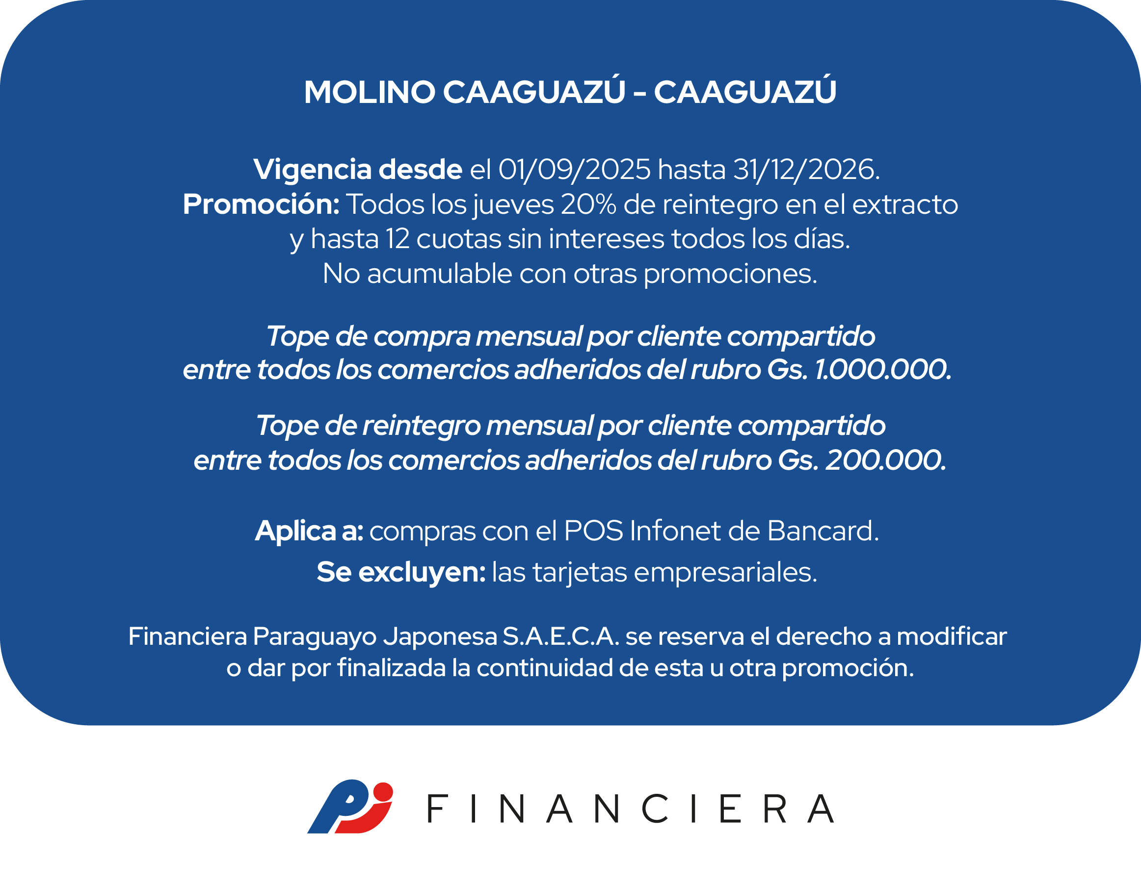 Molino Caaguazu 20% Reintegro Supermercado jueves 12 cuotas  Caaguazu