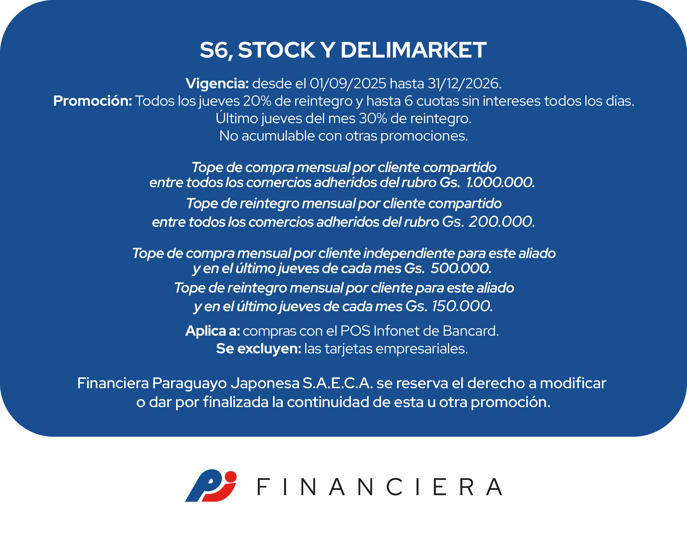 Super Seis stock delimarket 20% Reintegro Supermercado jueves 6 cuotas