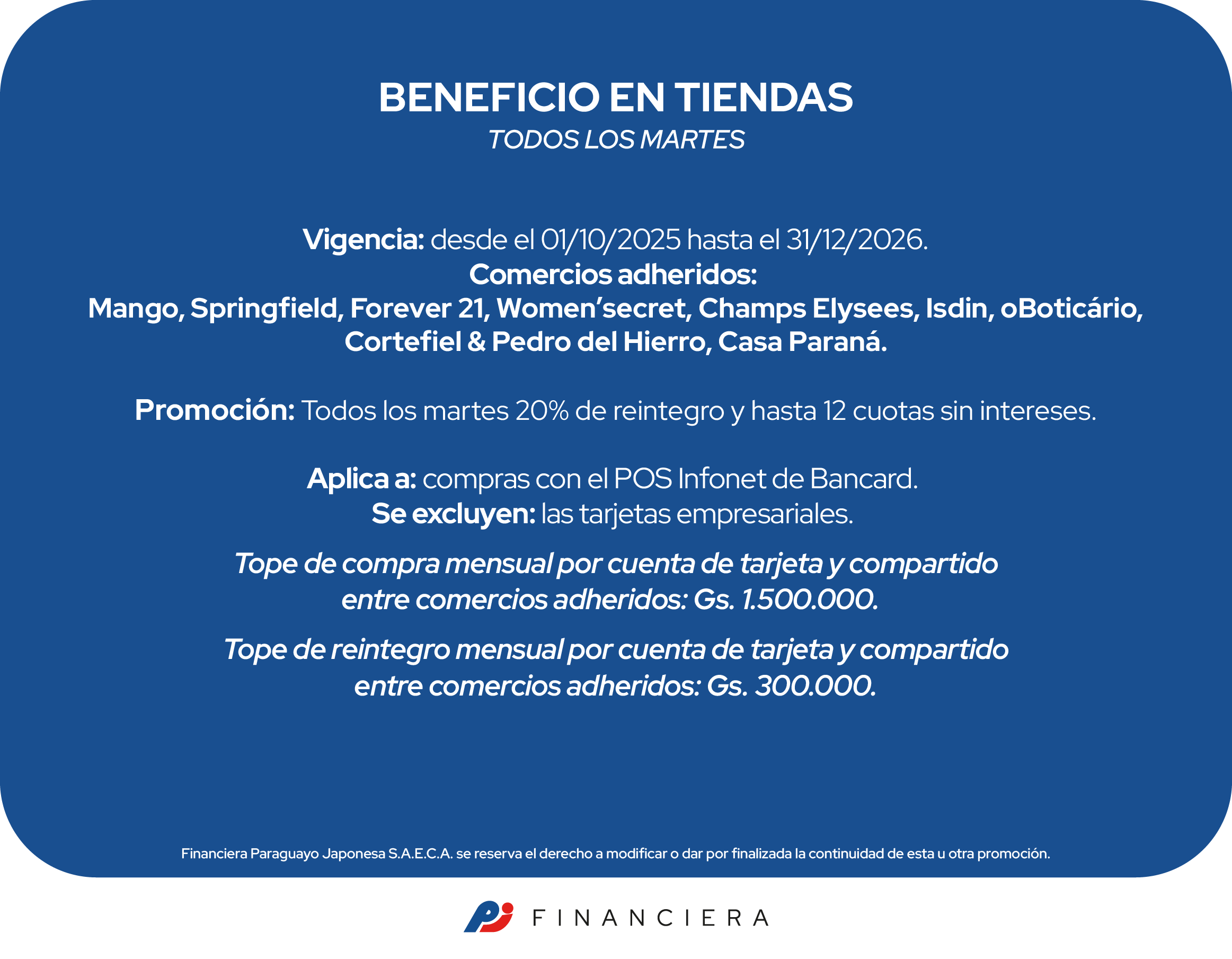 martes de beneficios en tiendas 20 de reintegro 12 cuotas sin intereses