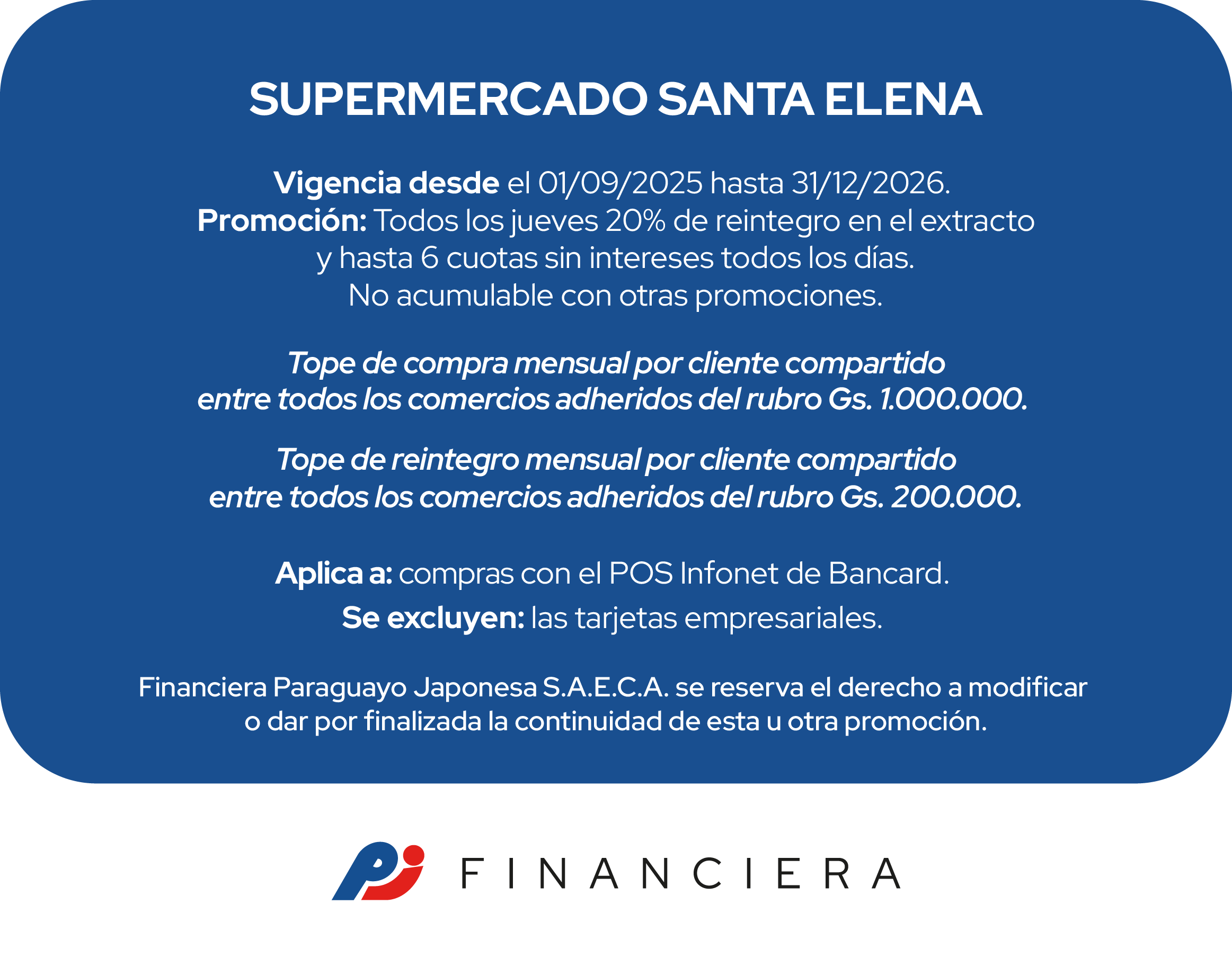 supermercado santa elena 20 de reintegro 6 cuotas sin intereses