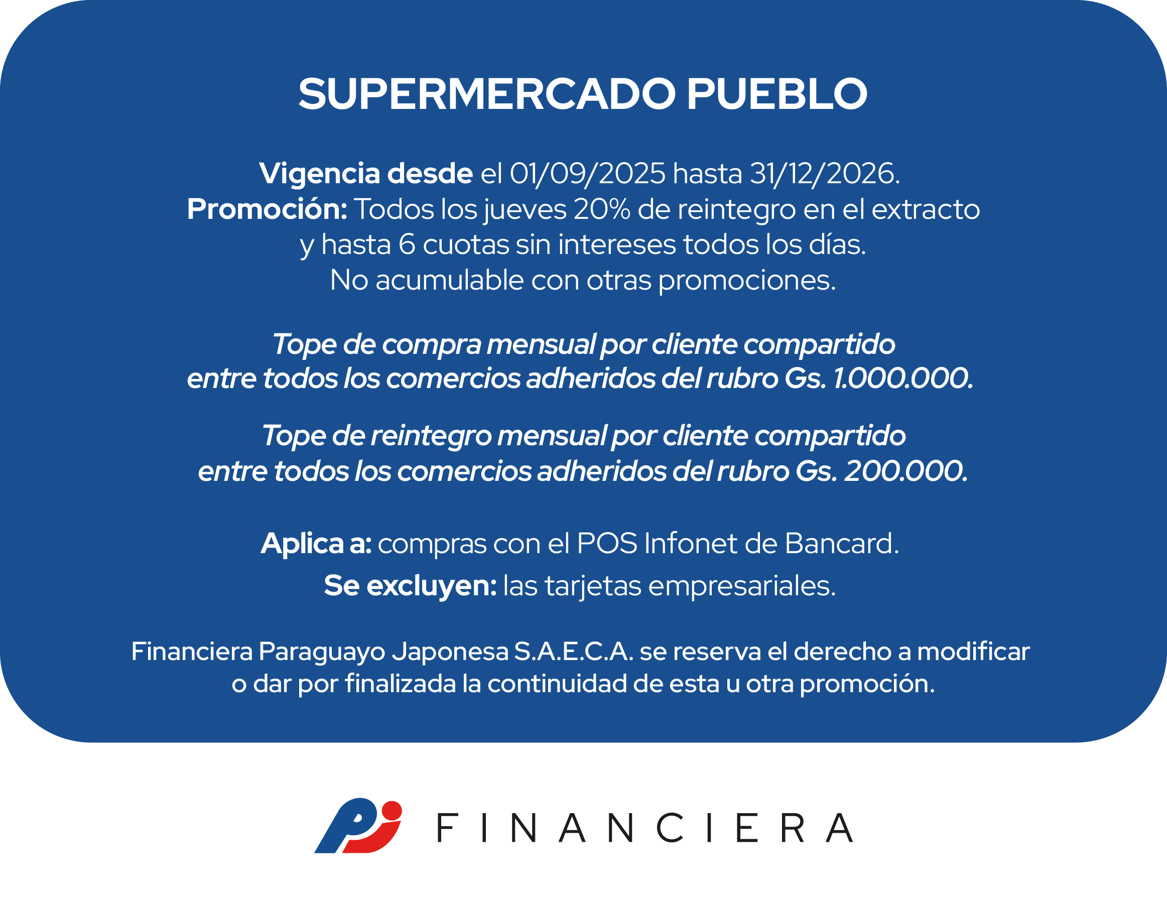 supermercado pueblo 20 reintegro 6 cuotas sin intereses