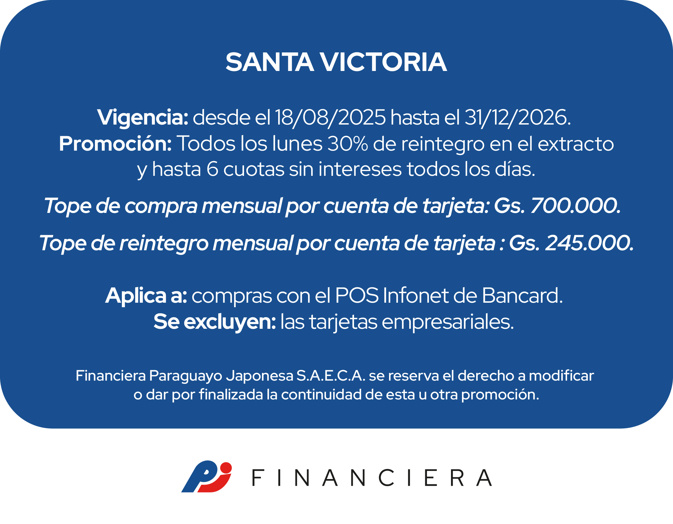 santa victoria villarrica 30 de reintegro 6 cuotas lunes