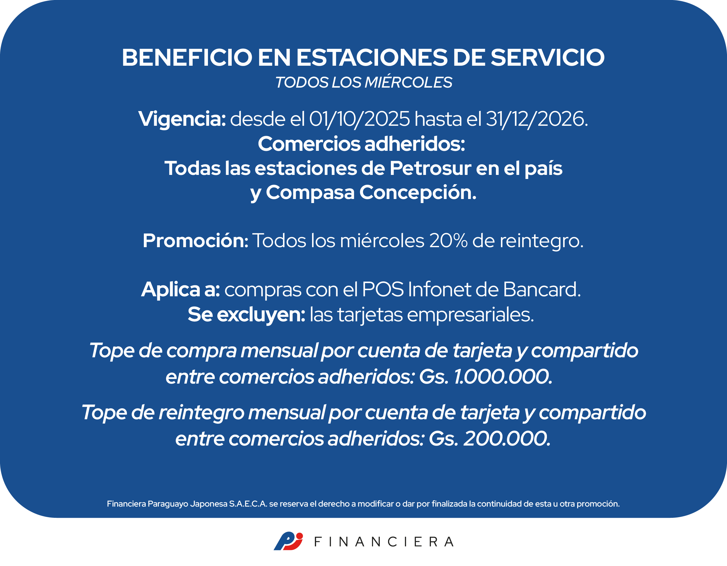 Miercoles de estacion de servicio 20 de reintegro 6 cuotas