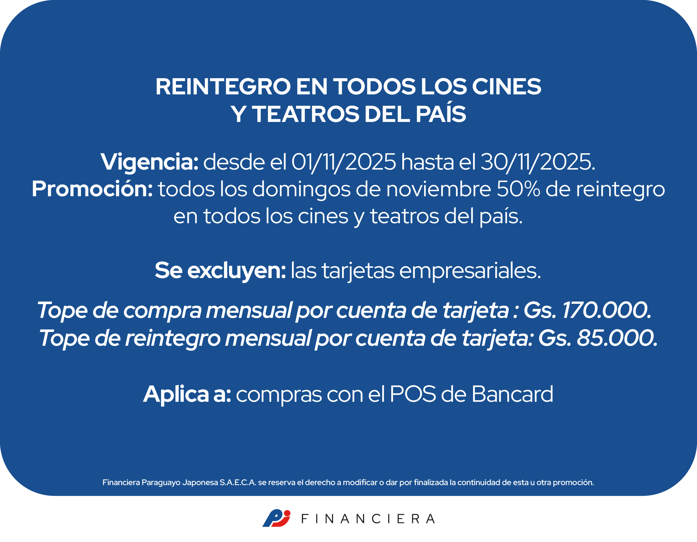 50% reintegro en todos los cines y teatros del pais domingos noviembre