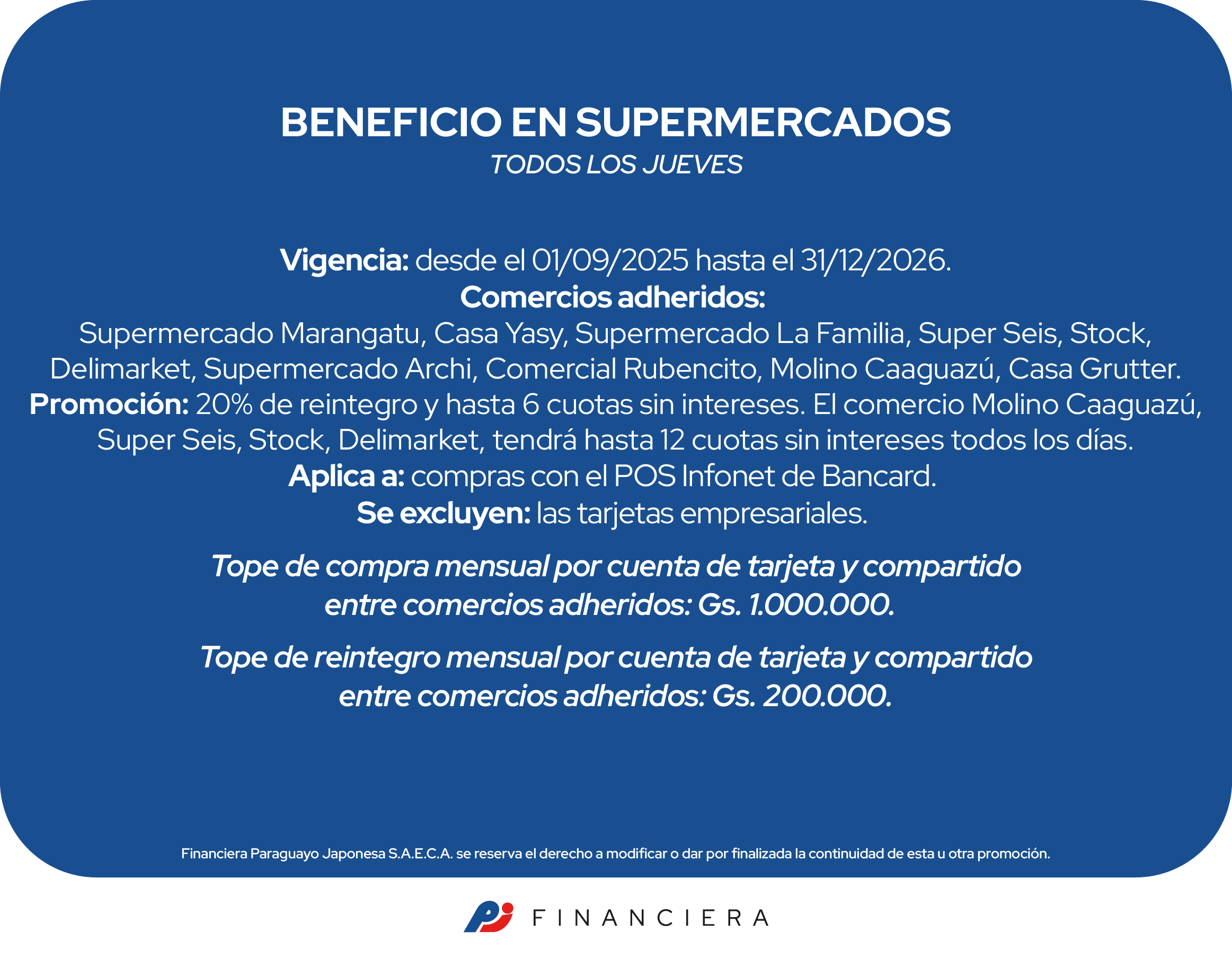 Supermercados jueves 20 reintegro 6 cuotas