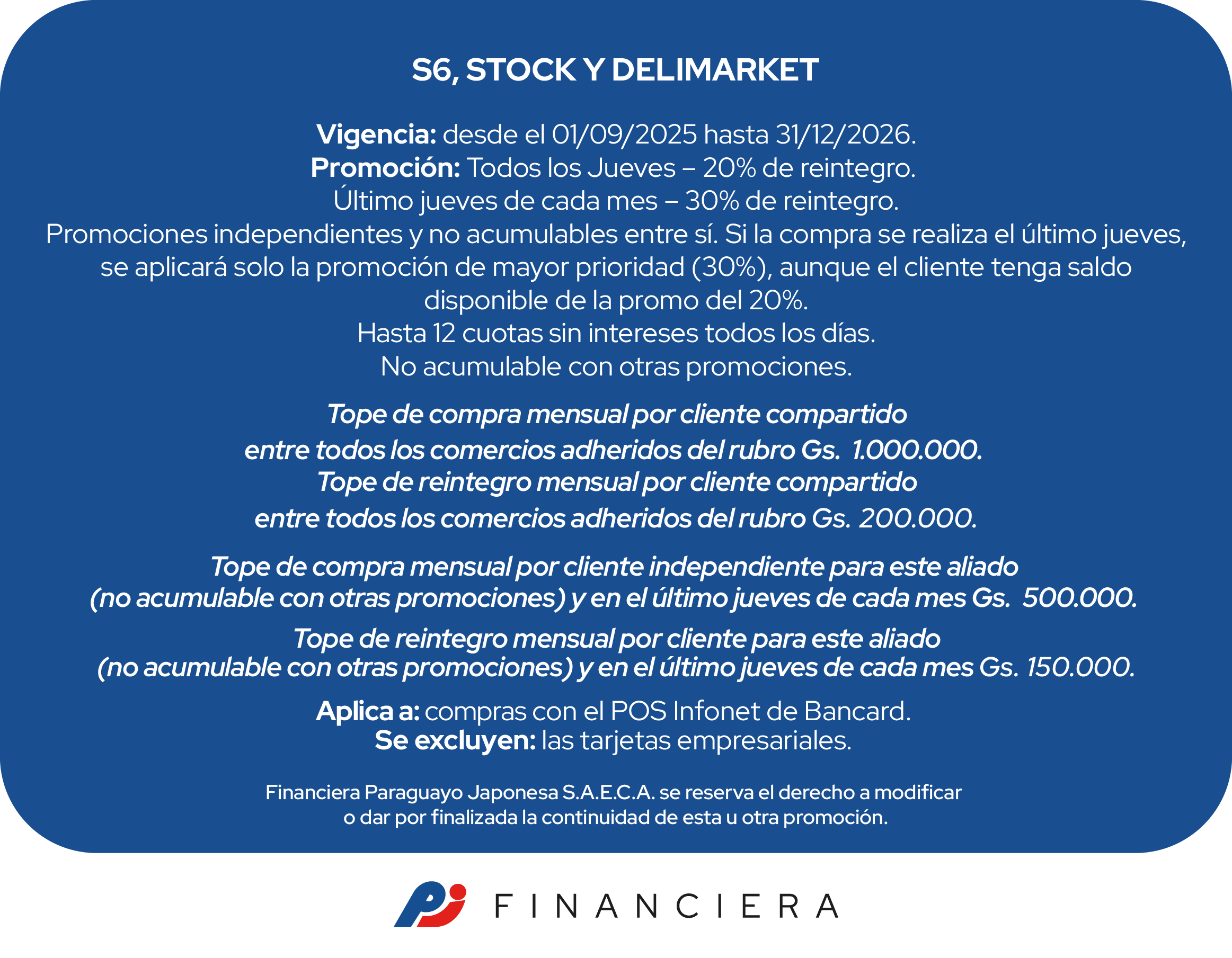 Super Seis stock delimarket 20% Reintegro Supermercado jueves 6 cuotas