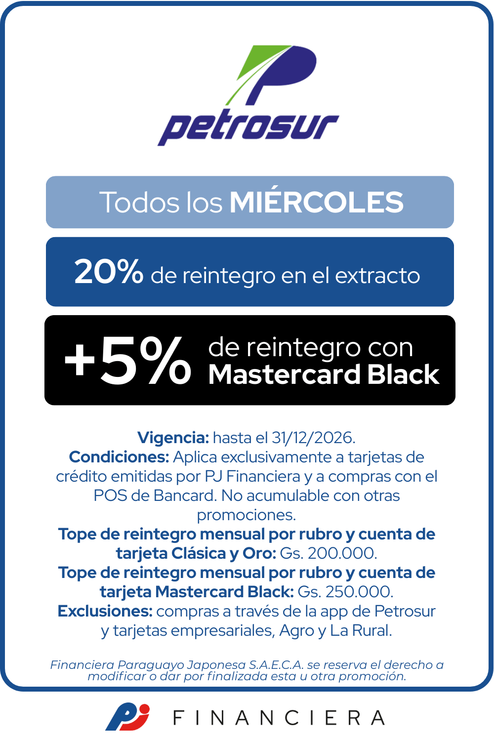 Petrosur 20% Reintegro Miércoles Todo el País Central 6 cuotas