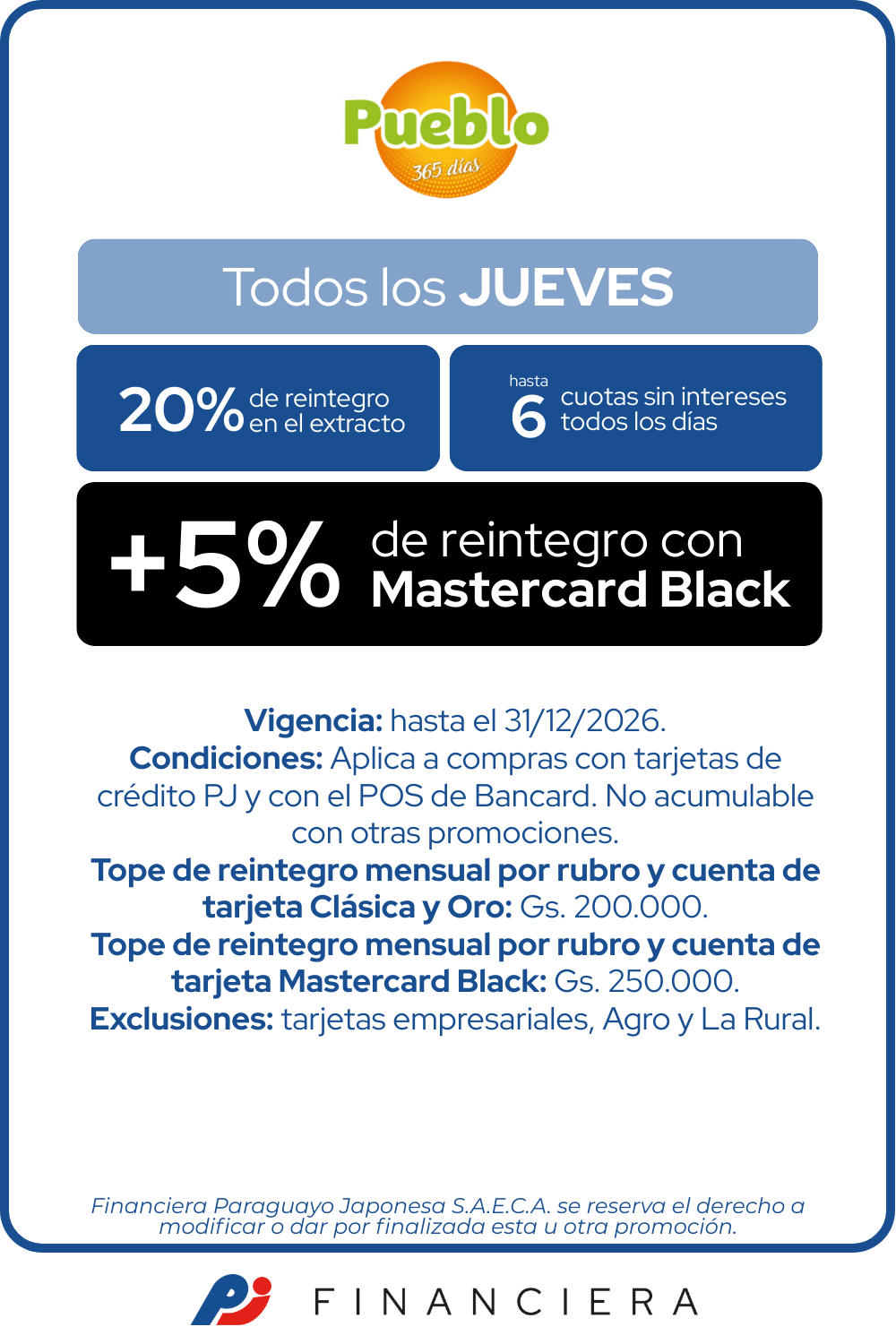 supermercado pueblo 20 reintegro 6 cuotas sin intereses