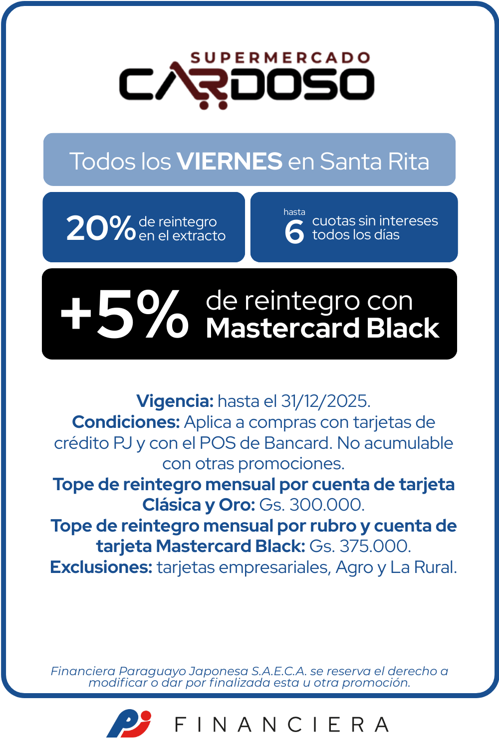 Supermercado Cardoso 20% Reintegro y 6 Cuotas Viernes Santa Rita