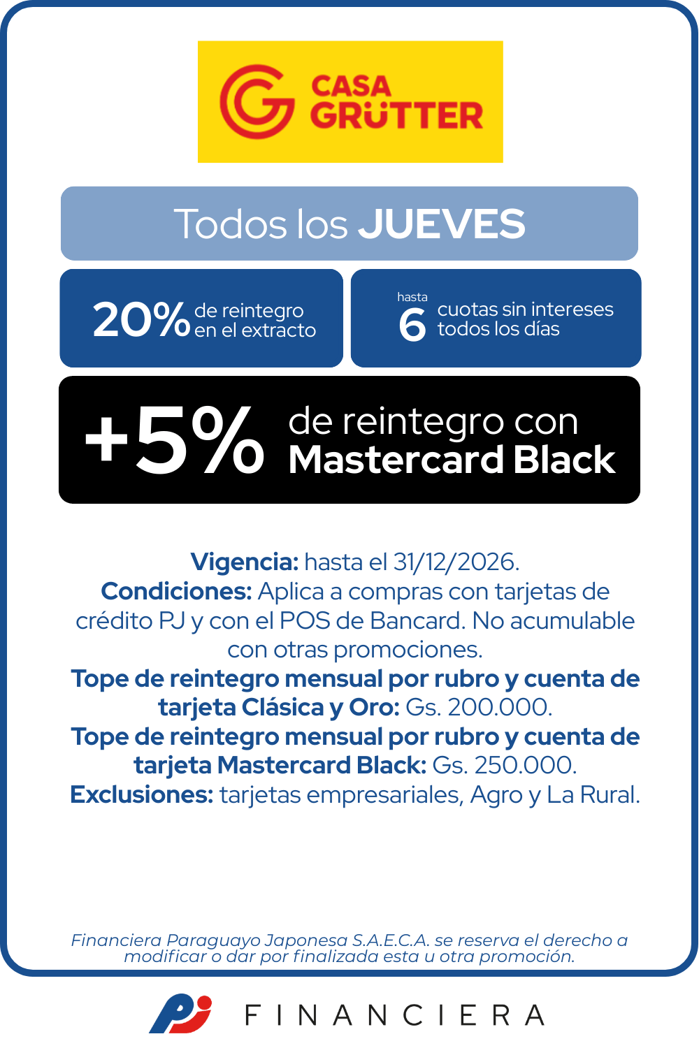 Casa grutter 20% Reintegro Supermercado jueves 6 cuotas