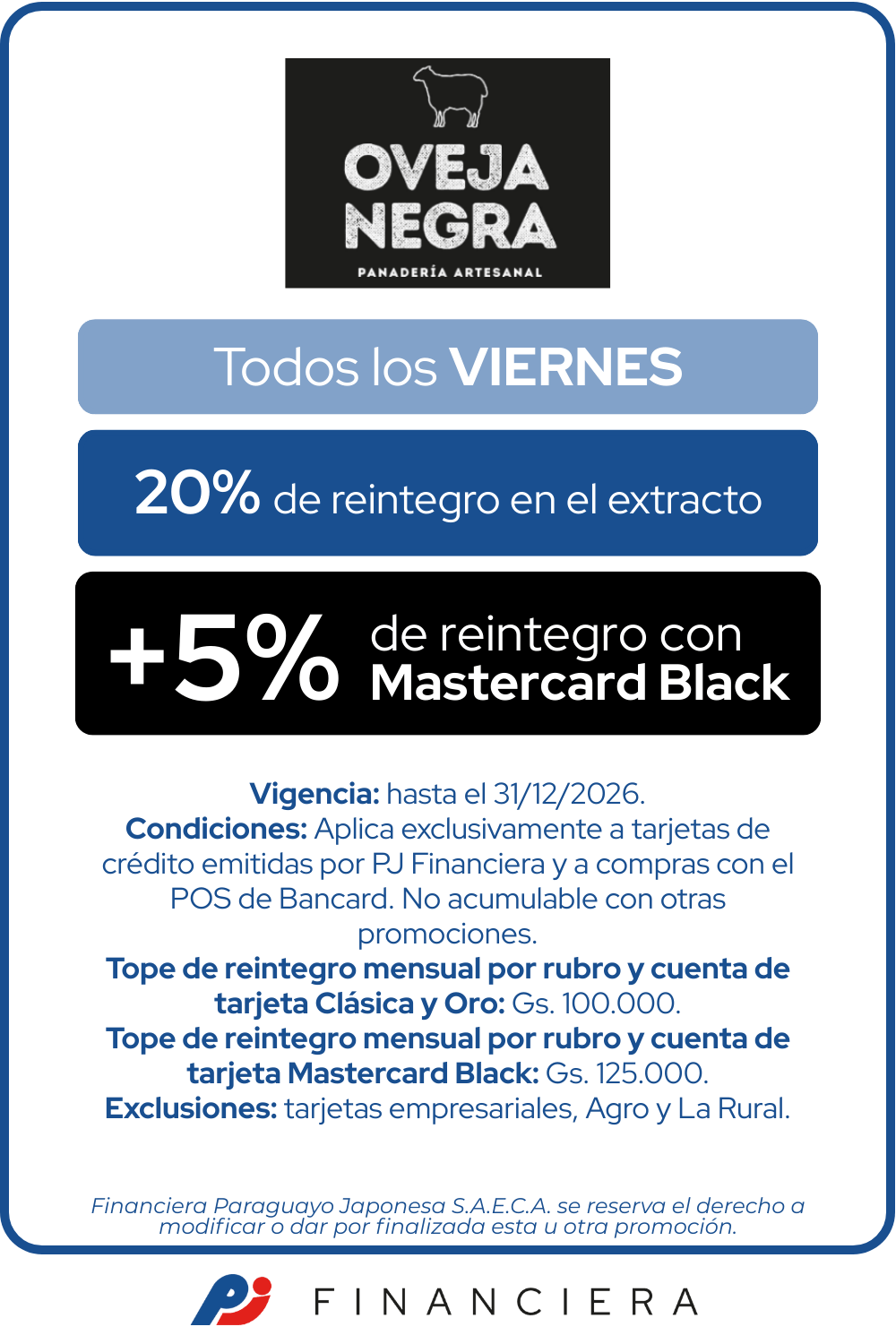 Oveja Negra 20% Reintegro Gastronomía todos los viernes