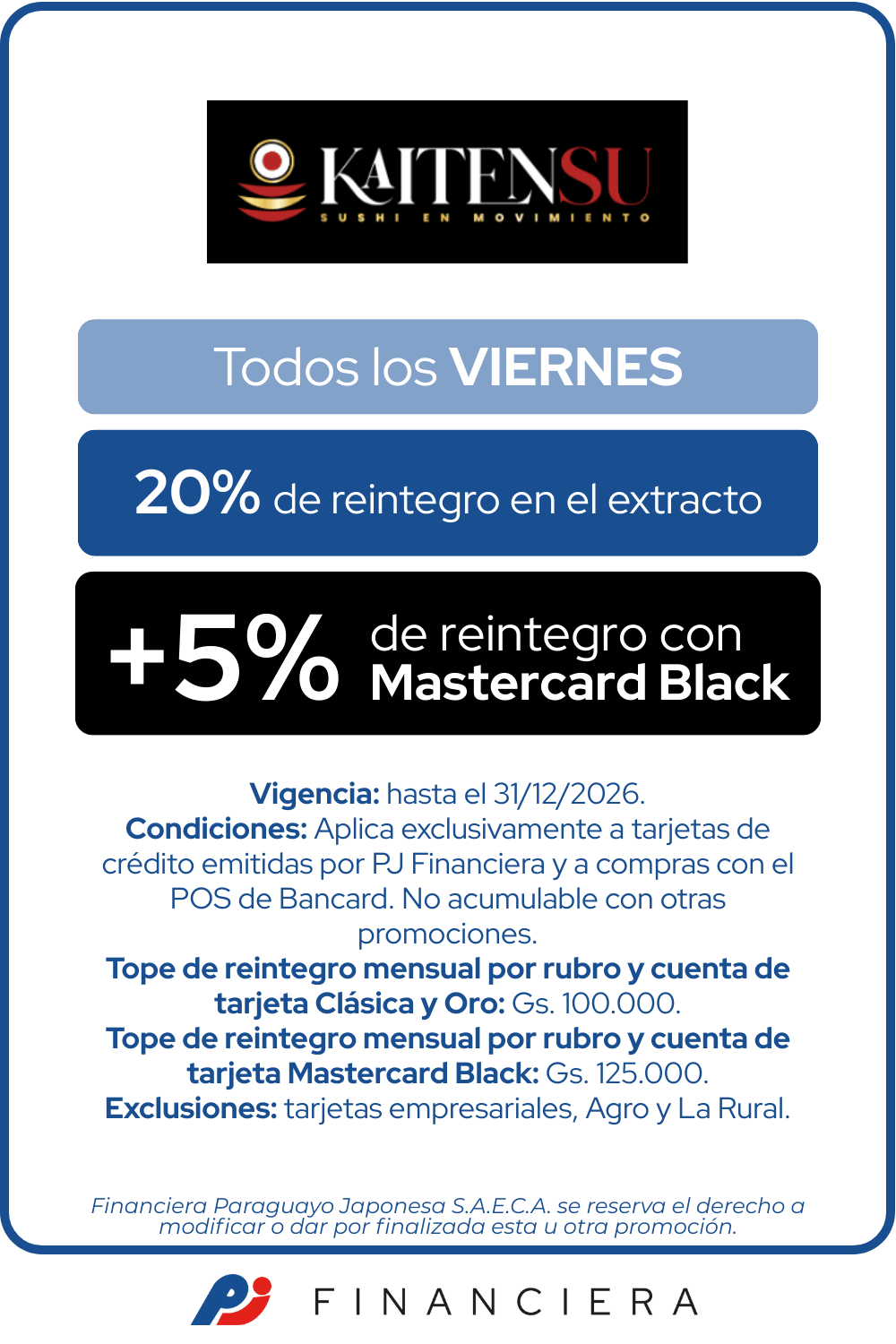Kaitensu 20 de reintegro viernes gastronomia