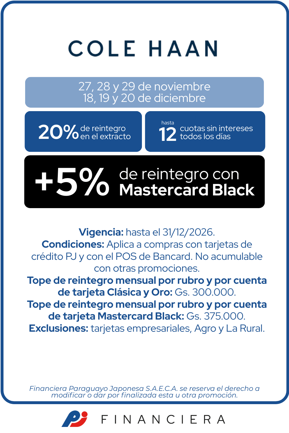 Cole Haan 20 de reintegro 12 cuotas sin intereses