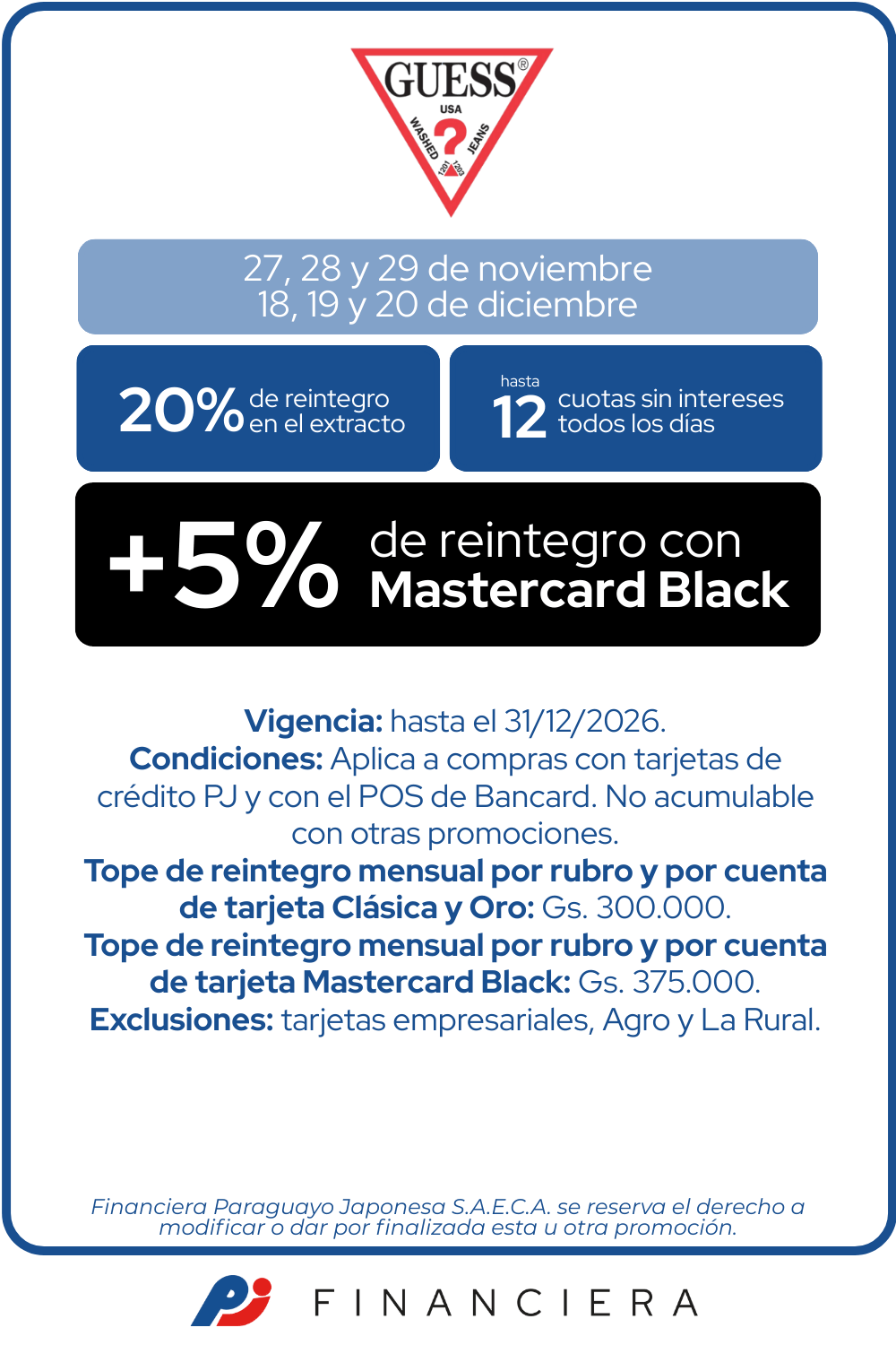 Guess 20 de reintegro 12 cuotas sin intereses