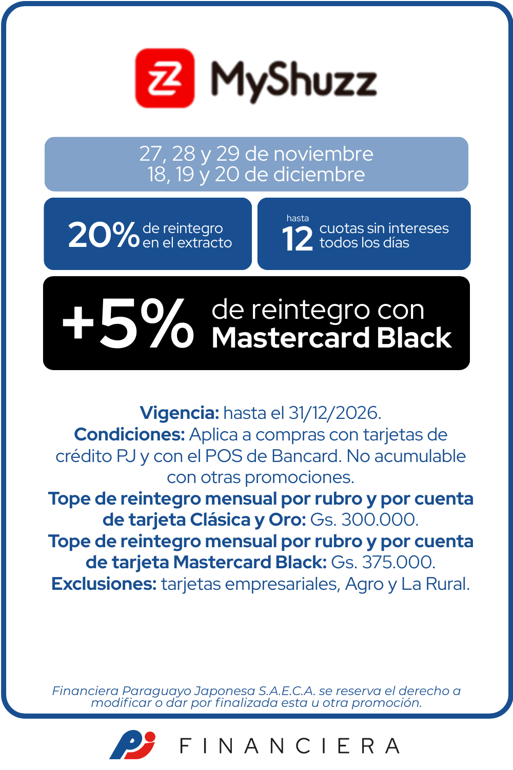 MyShuzz 20 de reintegro 12 cuotas sin intereses