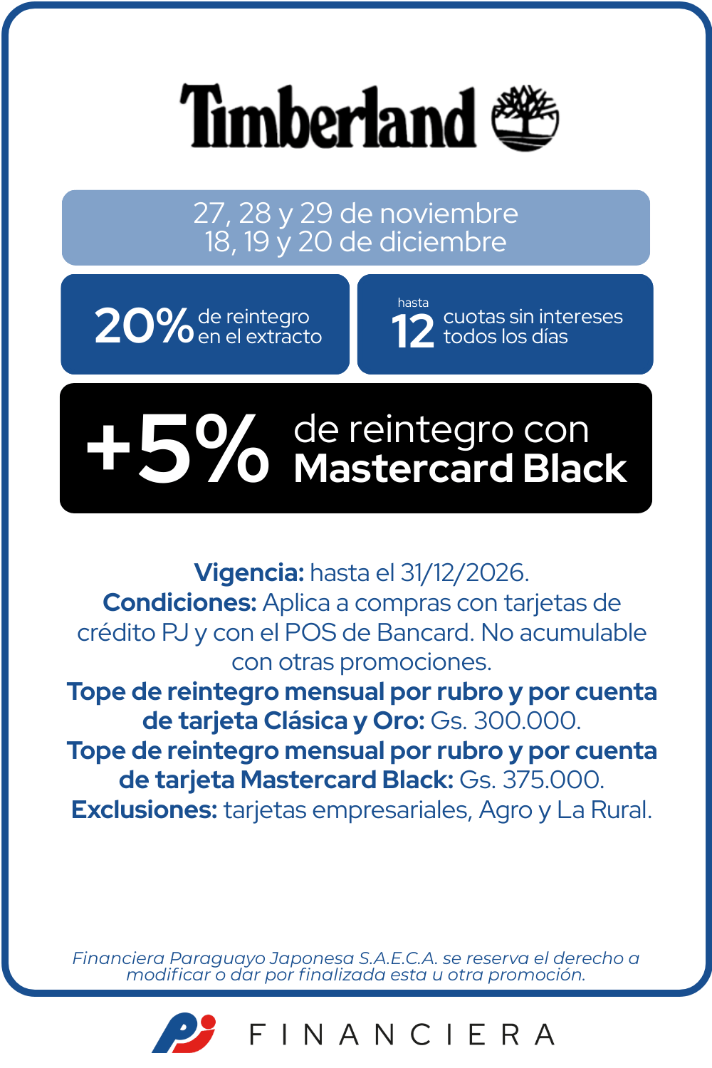 Timberland 20 de reintegro 12 cuotas sin intereses