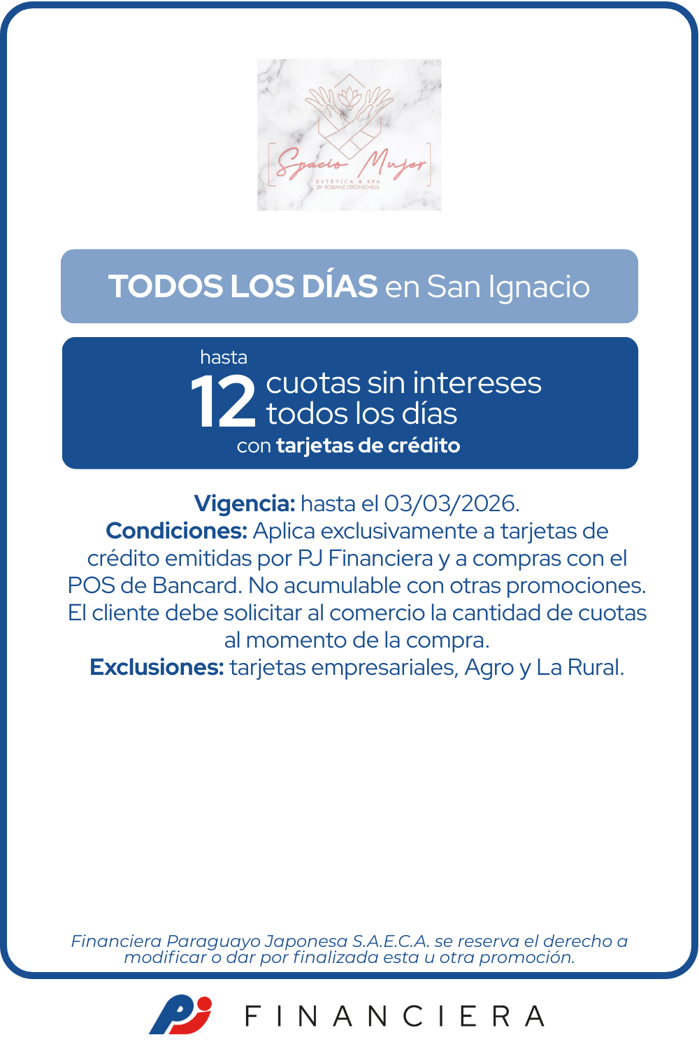 Spacio mujer 12 cuotas todos los dias san ignacio