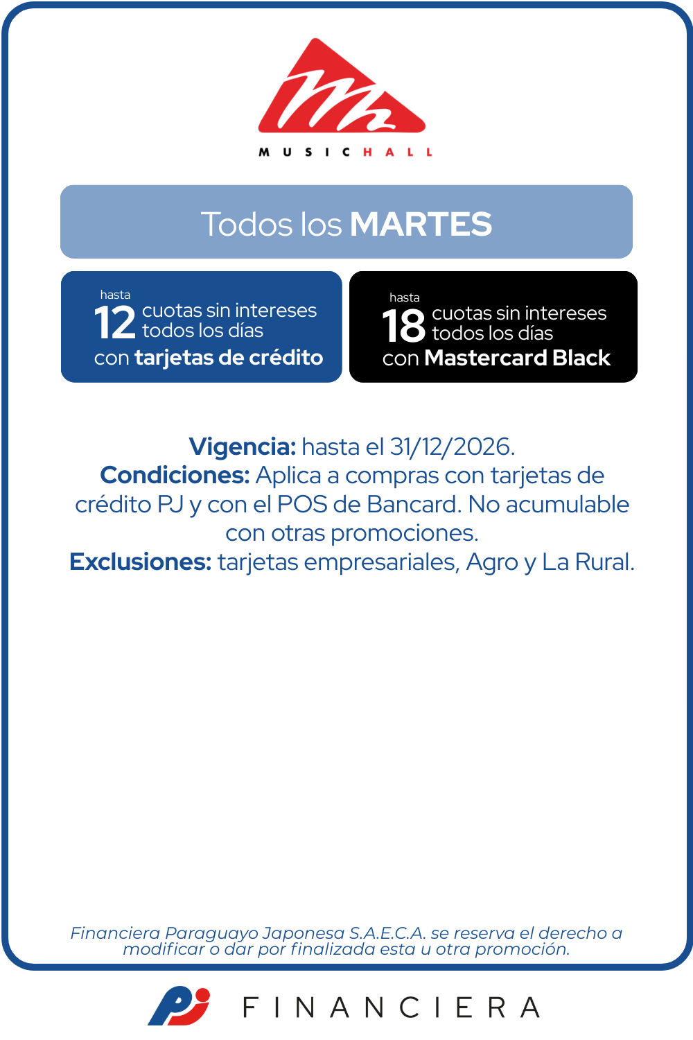 Music Hall martes de tiendas 20 reintegro 12 cuotas