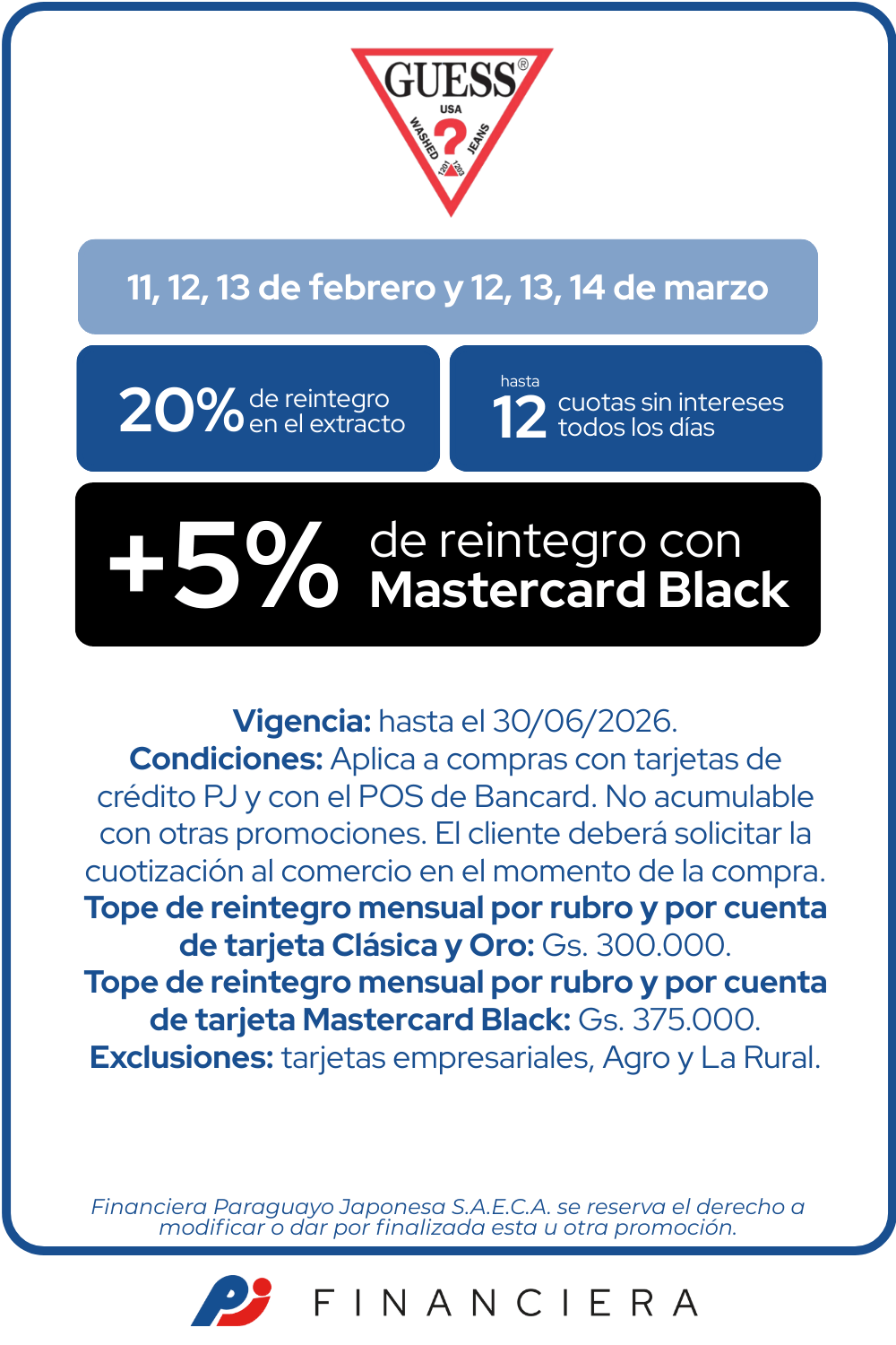 Guess 20 de reintegro 12 cuotas sin intereses