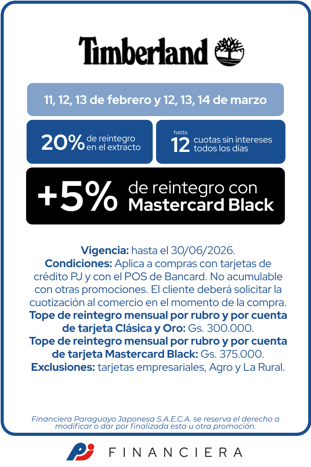 Timberland 20 de reintegro 12 cuotas sin intereses
