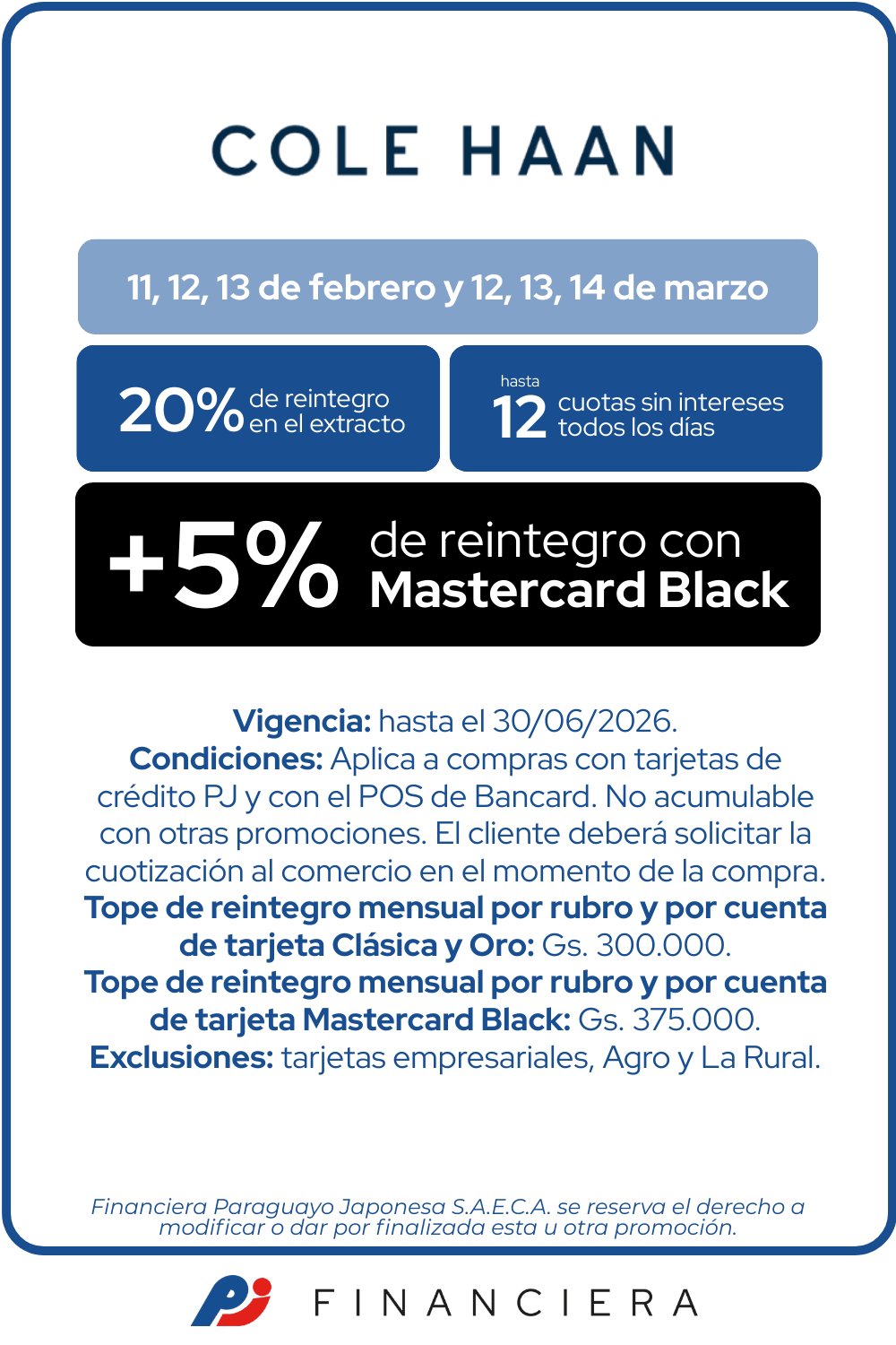 Cole Haan 20 de reintegro 12 cuotas sin intereses