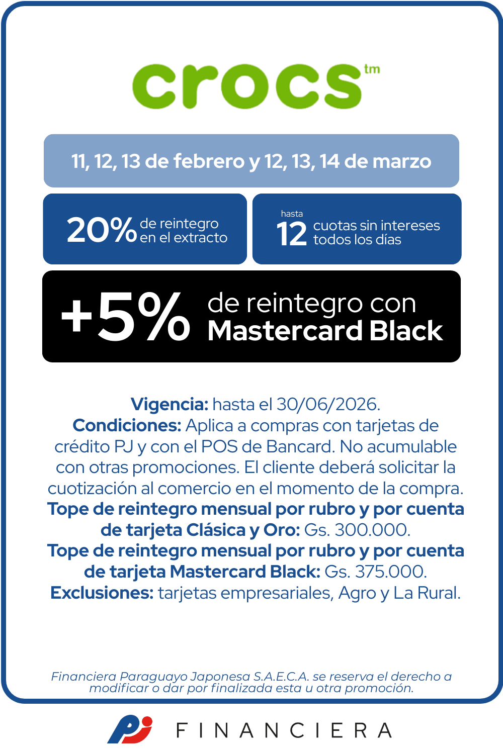 Crocs 20 de reintegro 12 cuotas sin intereses