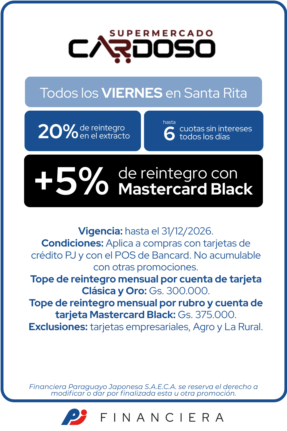 Supermercado Cardoso 20% Reintegro y 6 Cuotas Viernes Santa Rita