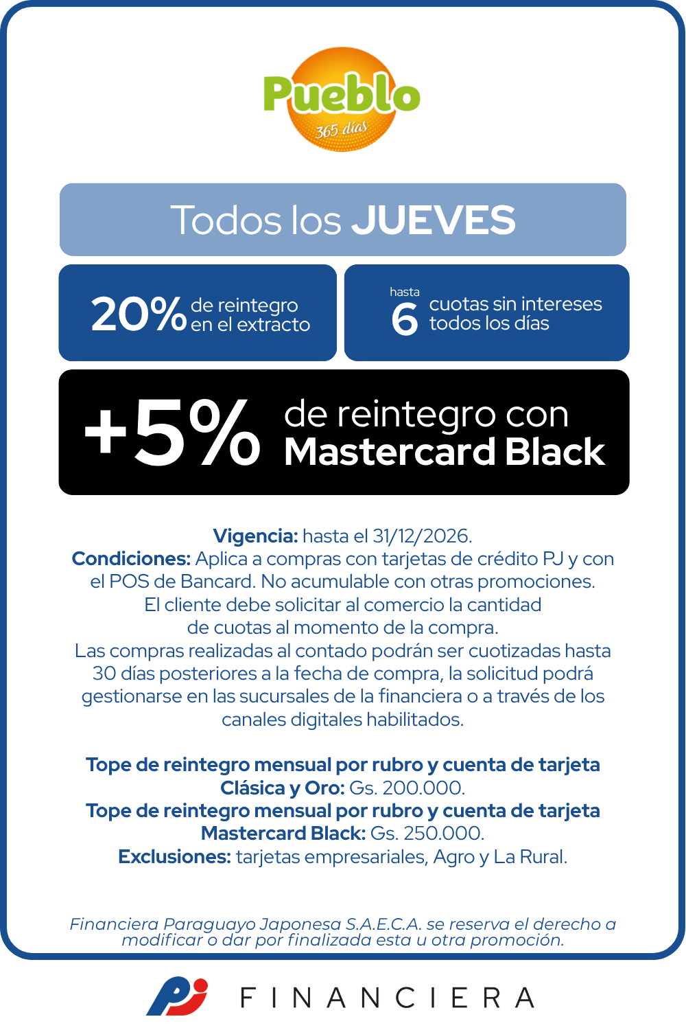 supermercado pueblo 20 reintegro 6 cuotas sin intereses