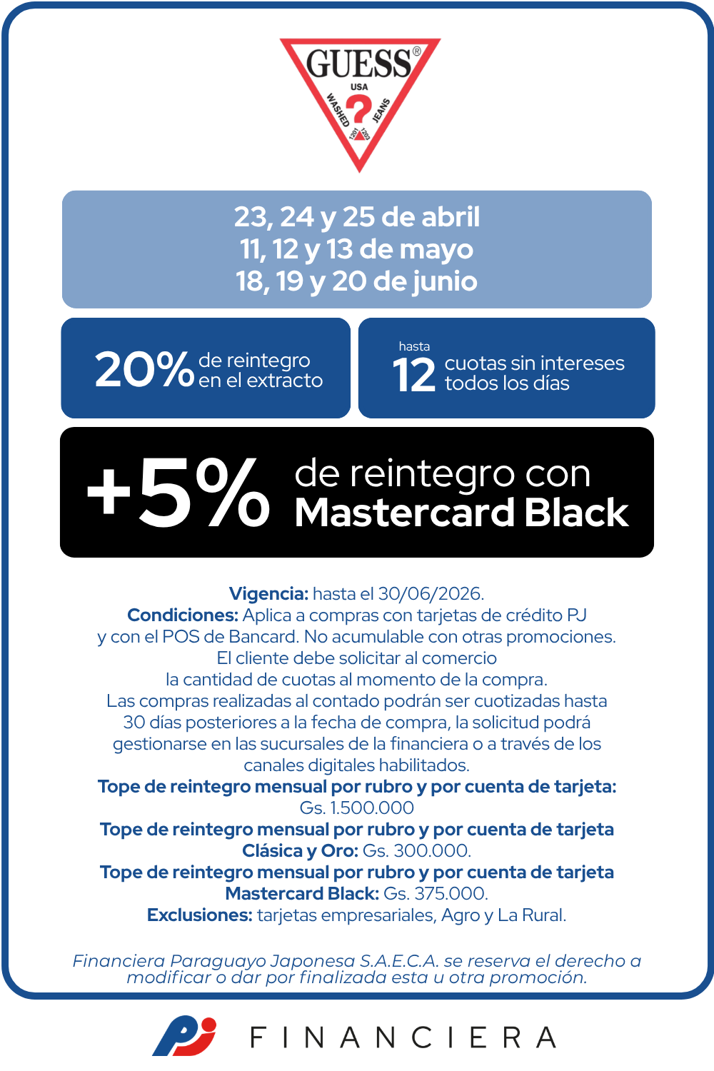 Guess 20 de reintegro 12 cuotas sin intereses