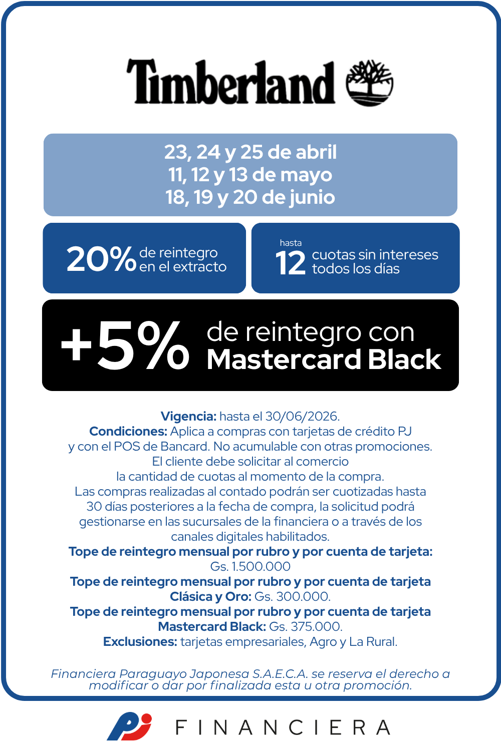 Timberland 20 de reintegro 12 cuotas sin intereses