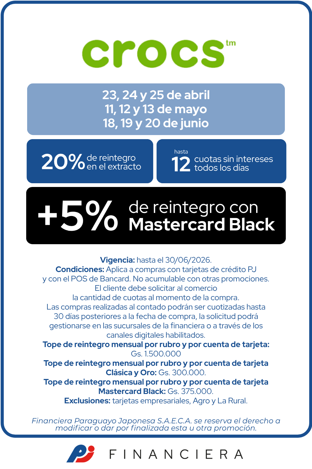 Crocs 20 de reintegro 12 cuotas sin intereses